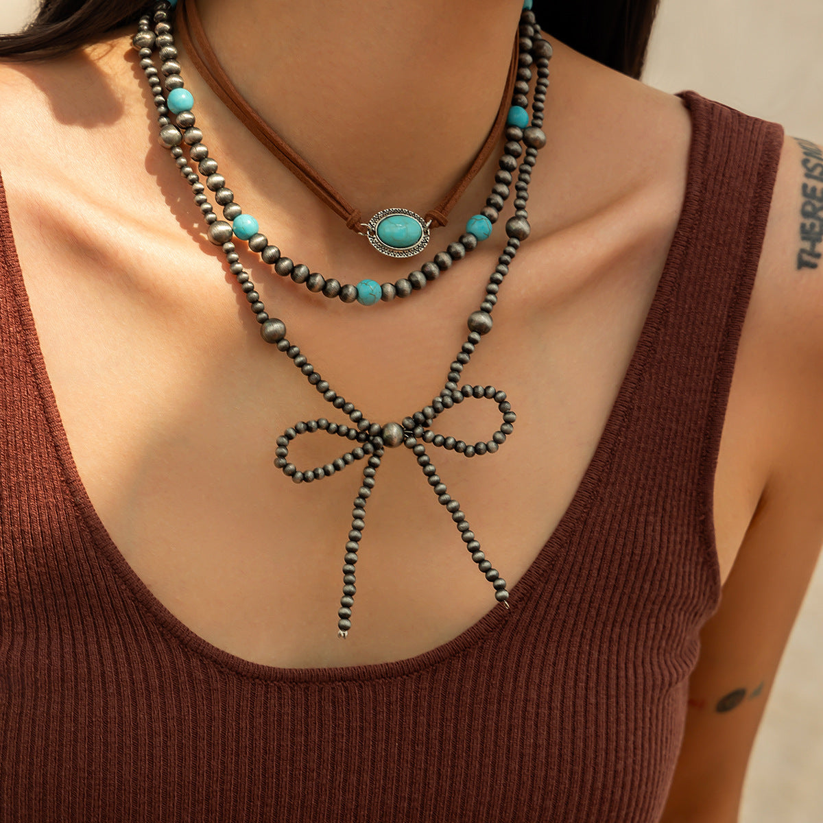 Wholesale Bohemian Layered Turquoise Bow Handmade Necklace
